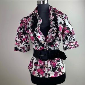 Bebe Floral Print Pink Multicolor Ruffle Layered Collar Belted V-Neck Blouse